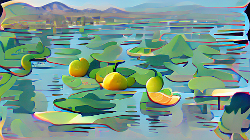 pastel painting of mangos siting on lilypads