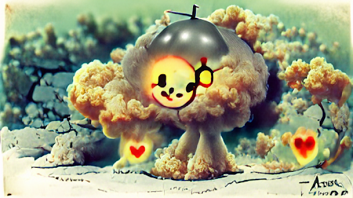 mushroom cloud with panda face and surrounding hearts