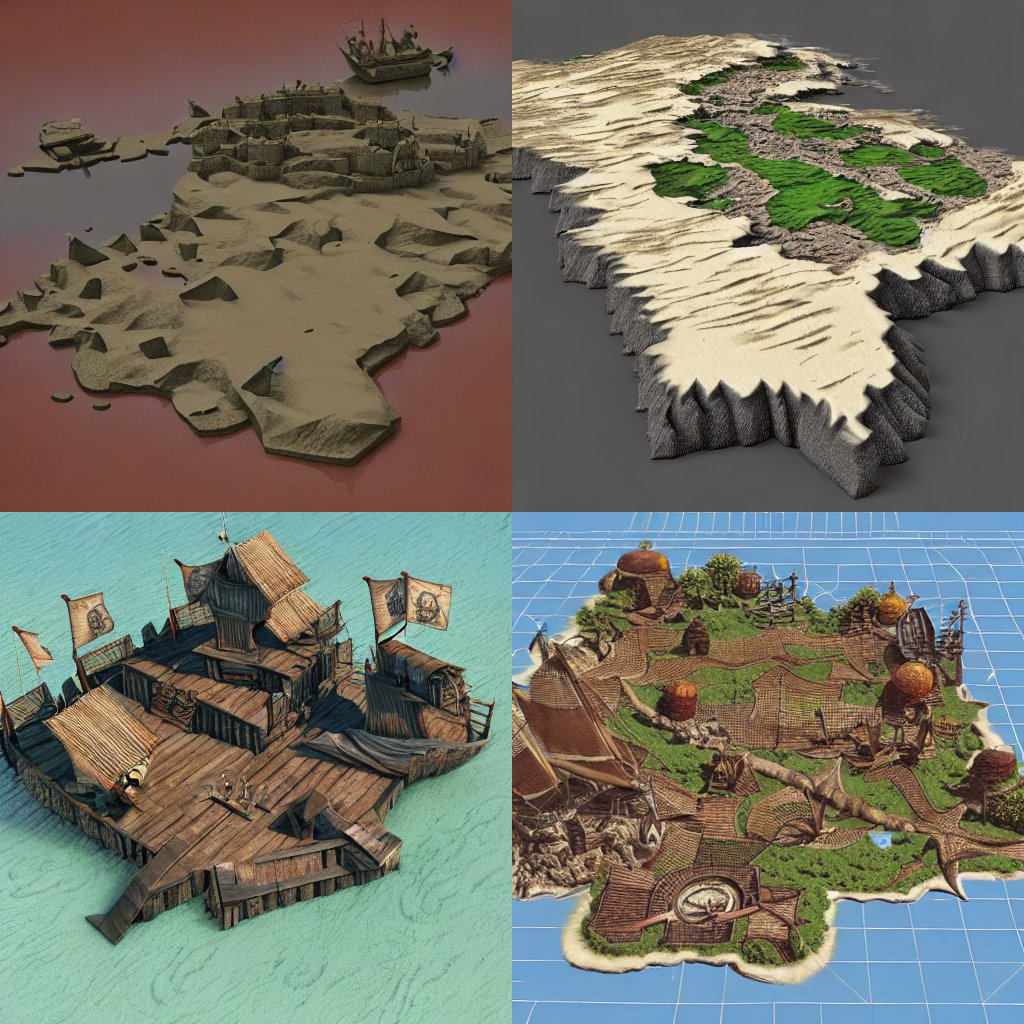 3 piratey islands viewed from isometric perspectives, and 1 piratey raft-boat thingy