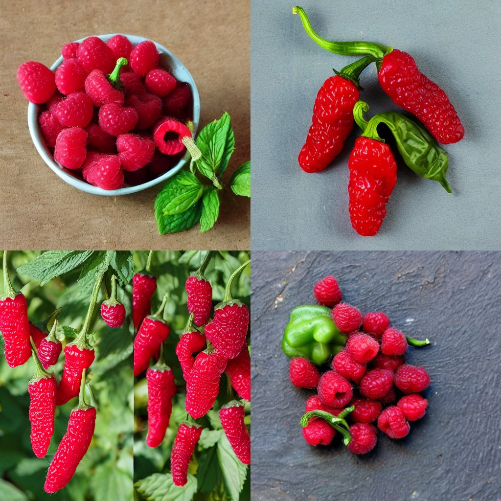 2 images of ordinary raspberries, and 2 images of a weird chili pepper-raspberry hybrid